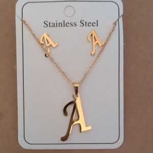 Gold Initial 'A' Necklace and Earring Stainless Steel Set